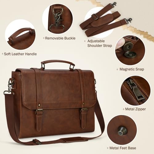 Messenger Bag for Men Vintage Leather Waterproof Laptop 15.6 inch Brown