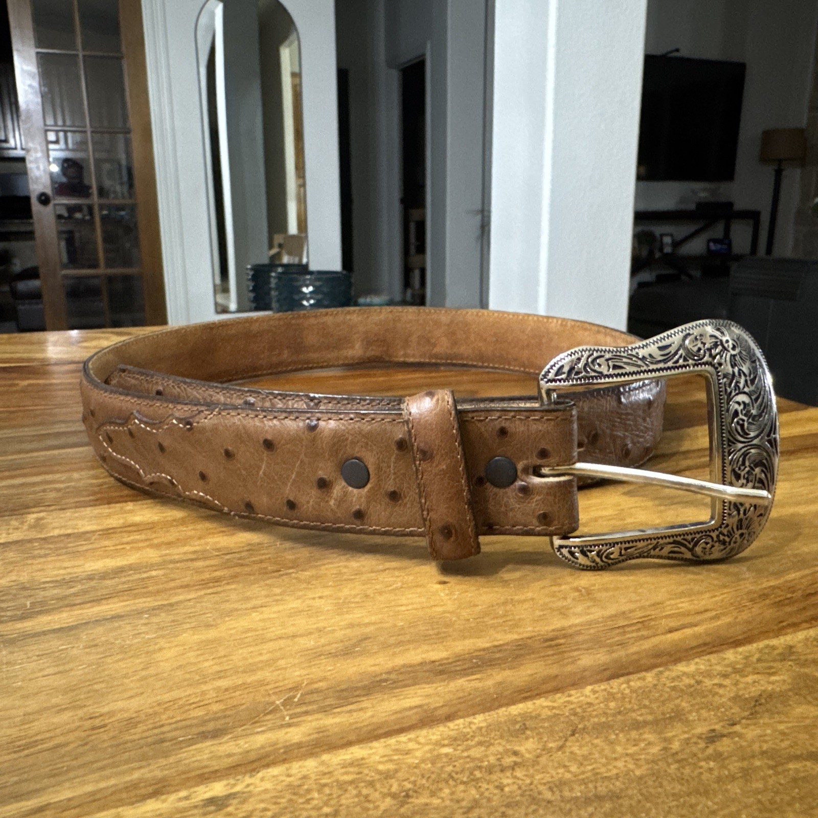 Mens Leather Belt Size 32 Ostrich Print Brown Y1025 Made In USA Western