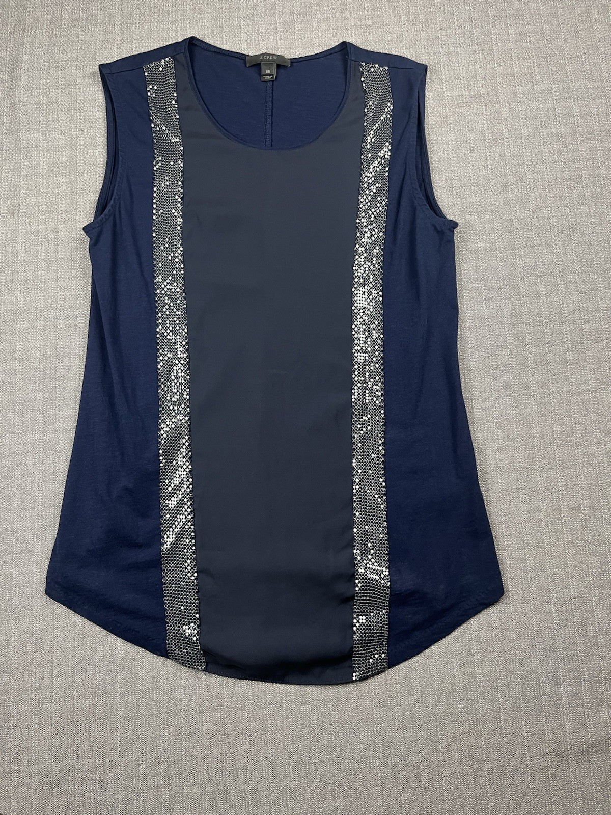 JCrew Metallic Mesh Front Tank Top Womens XS Navy Blue Chiffon Career Party Work