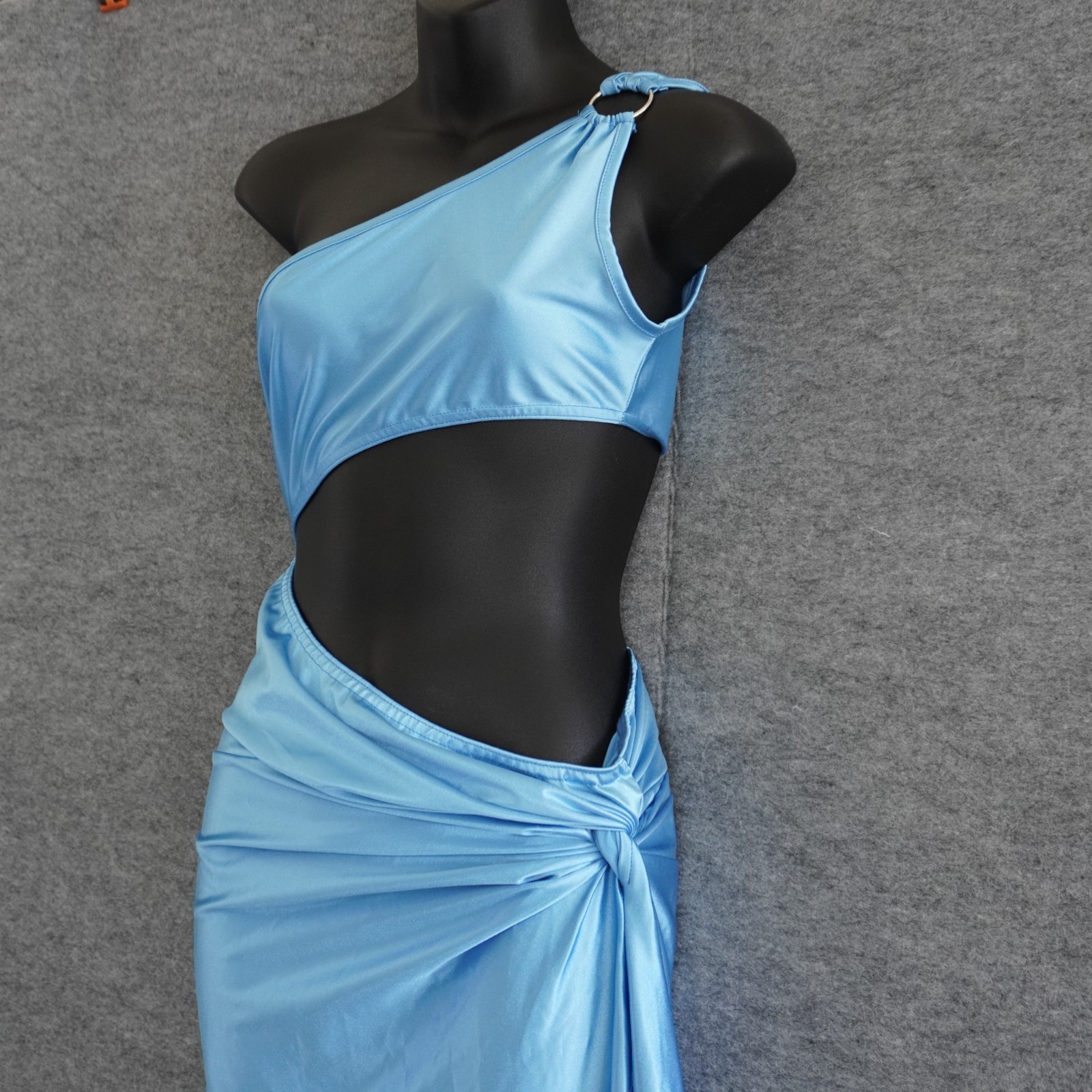 PrettyLittleThing Blue Satin Cut Out Maxi Dress US 2 UK 6 One Shoulder High Slit