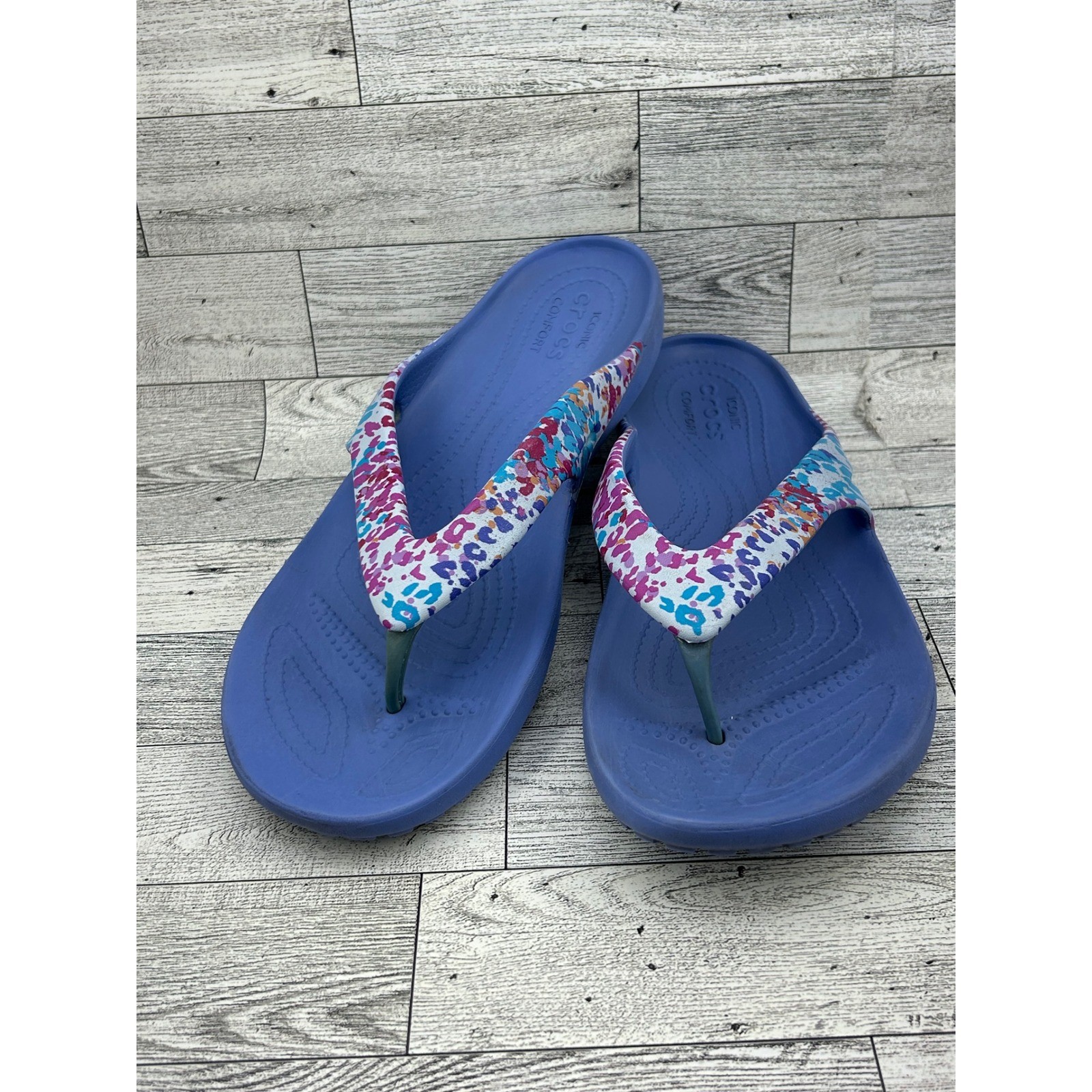 Crocs Kadee II Flip Flops Women Size 10 Blue Multi Color Leopard Print Sandals