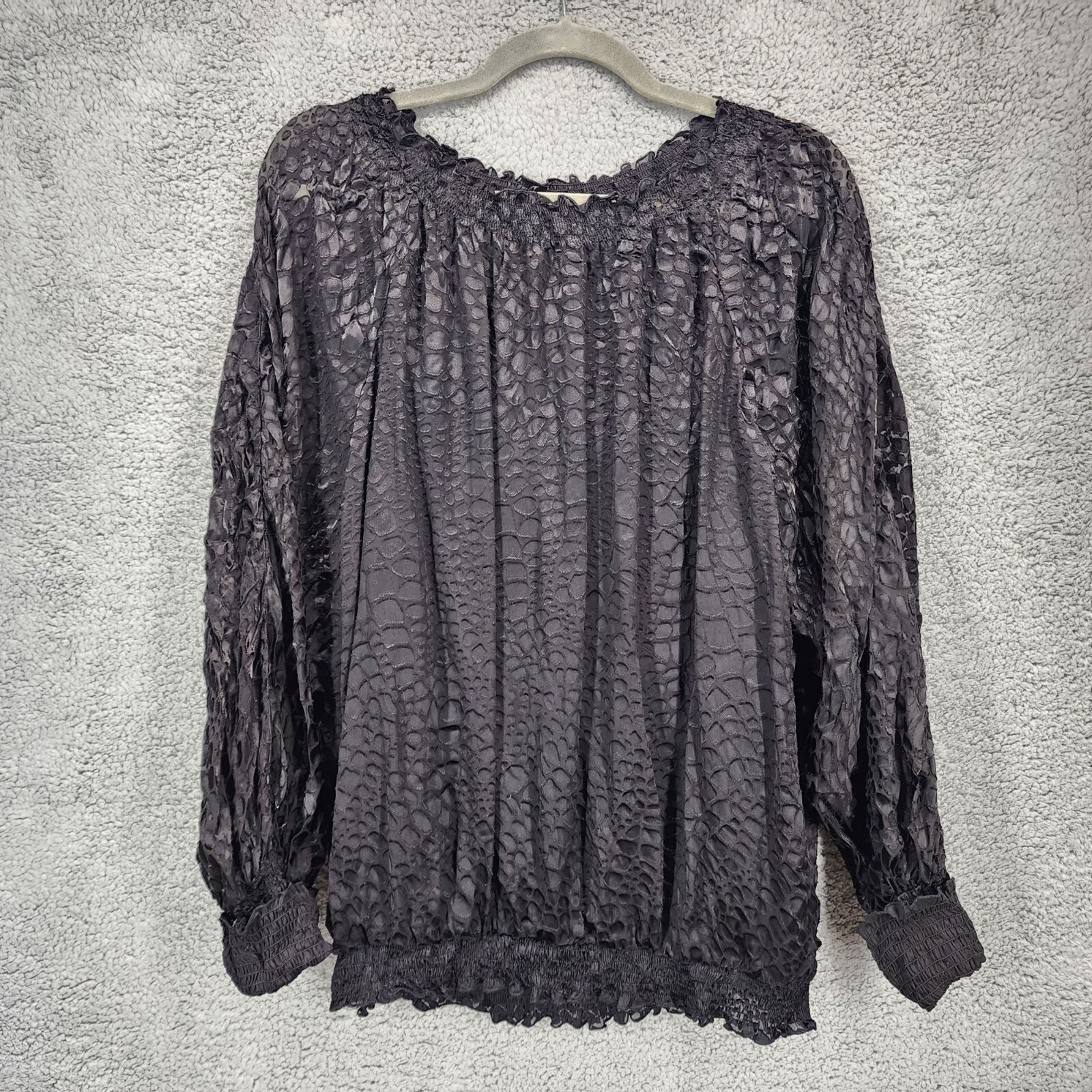 BCBGMAXAZRIA Womens Large Black Silk Long Sleeve Semi Sheer Attached Cami Blouse