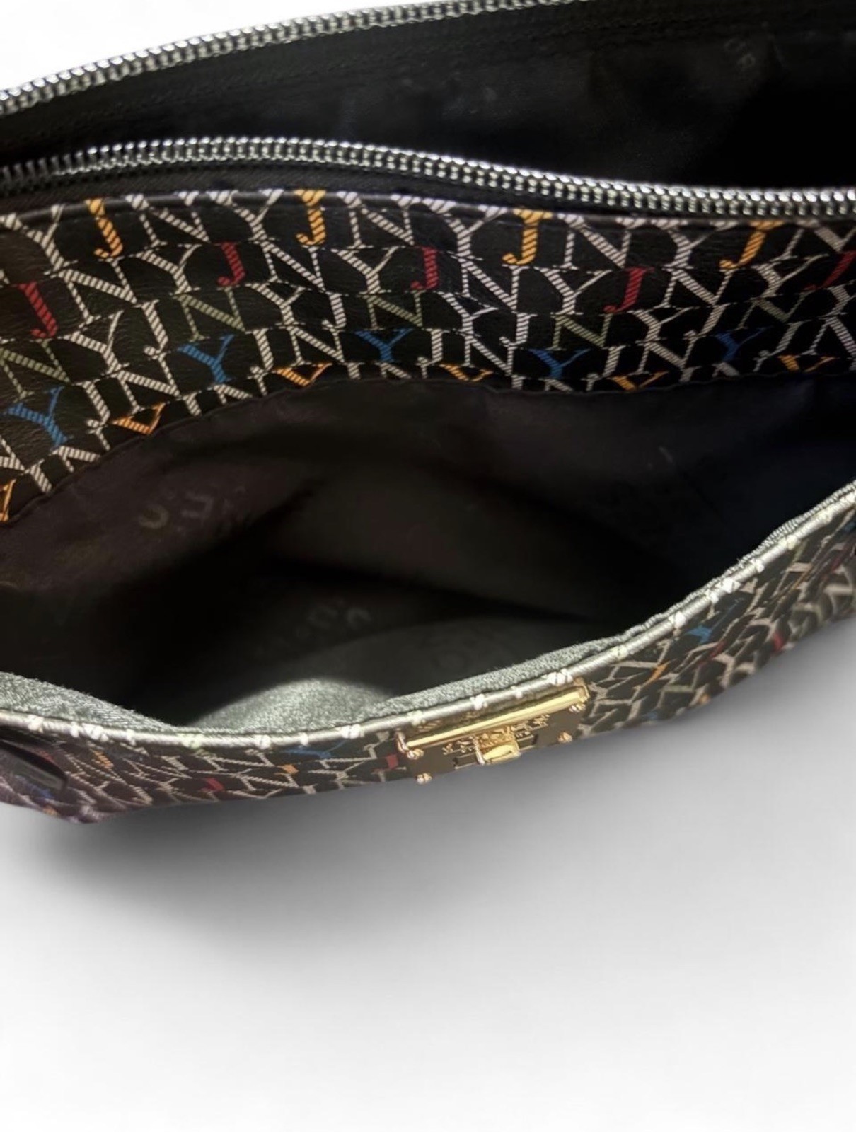 Jones New York JNY Logo Print Crossbody Bag Zip Top, Detachable Strap, Gold