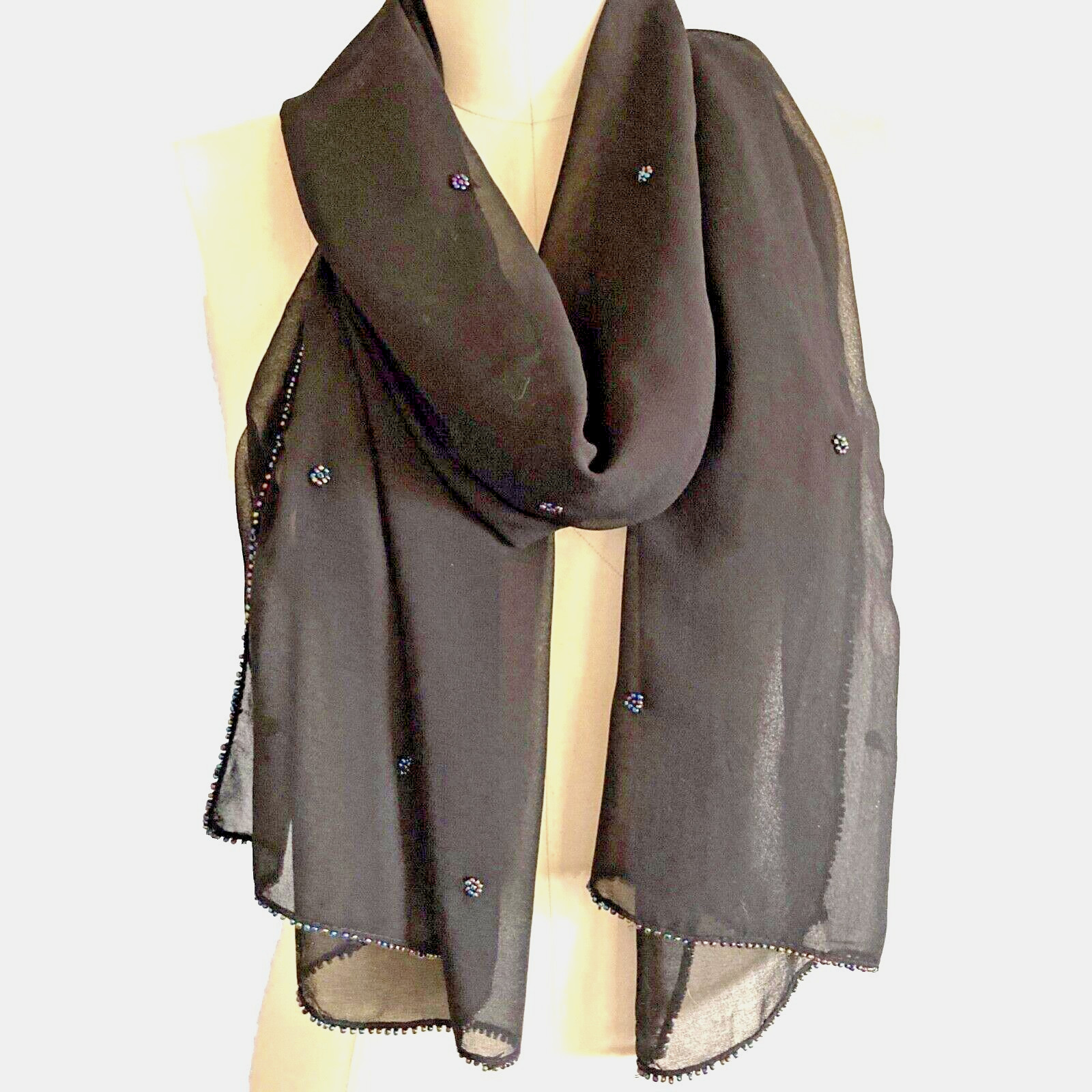 Scarf India 76 in Black Sheer Multicolor Beads Shawl Shayla Ghoonghat