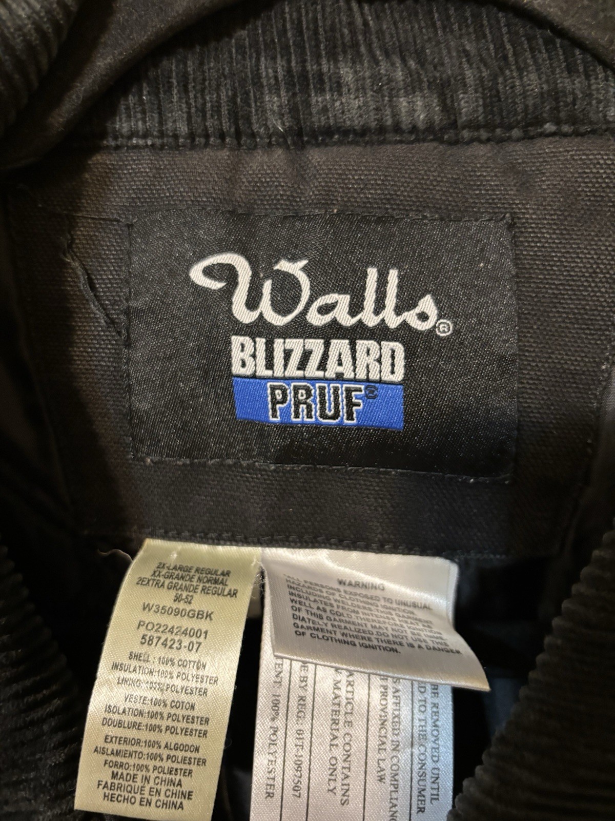 Walls Blizzard Pruf Jacket Black Size 2XL 50-52 Pockets Zip Snap Insulated Lined