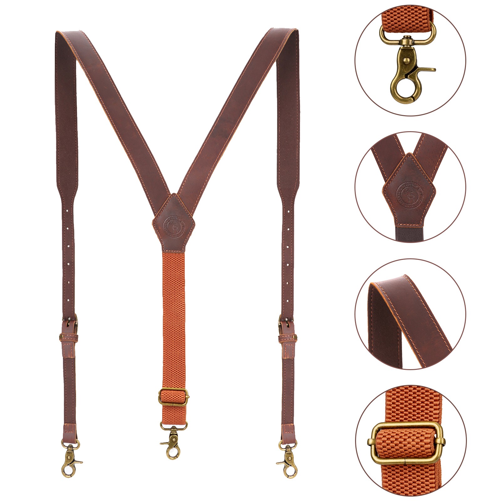Tourbon Men’s Suspenders Y Back Adjustable Leather Y-Shaped 3 Hooks Pants Braces