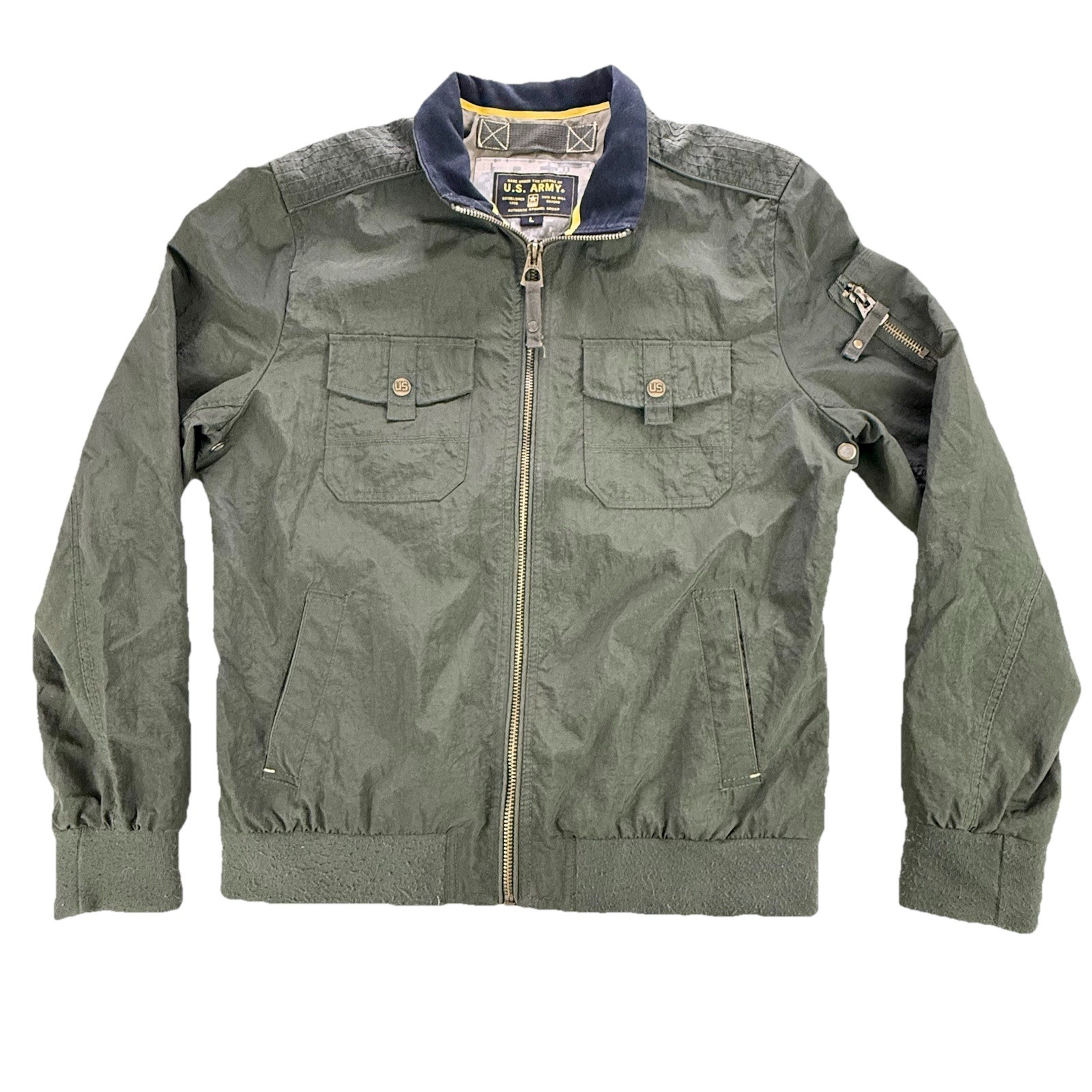 U.S. Army Bomber Jacket Mens Large Green Full Zip Windbreaker Authentic Co Lined