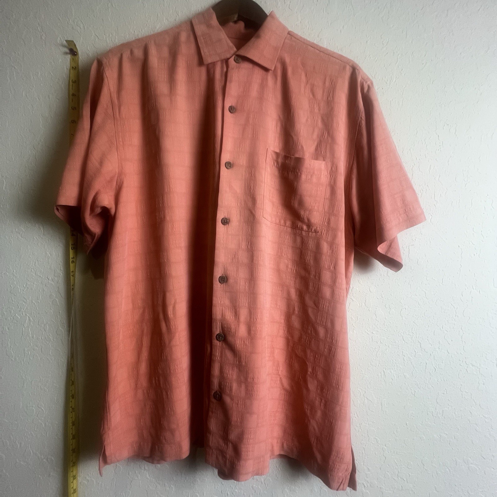 Tommy Bahama Shirt Medium Silk Orange Camp Jacquard Loop Collar Hawaiian Cruise