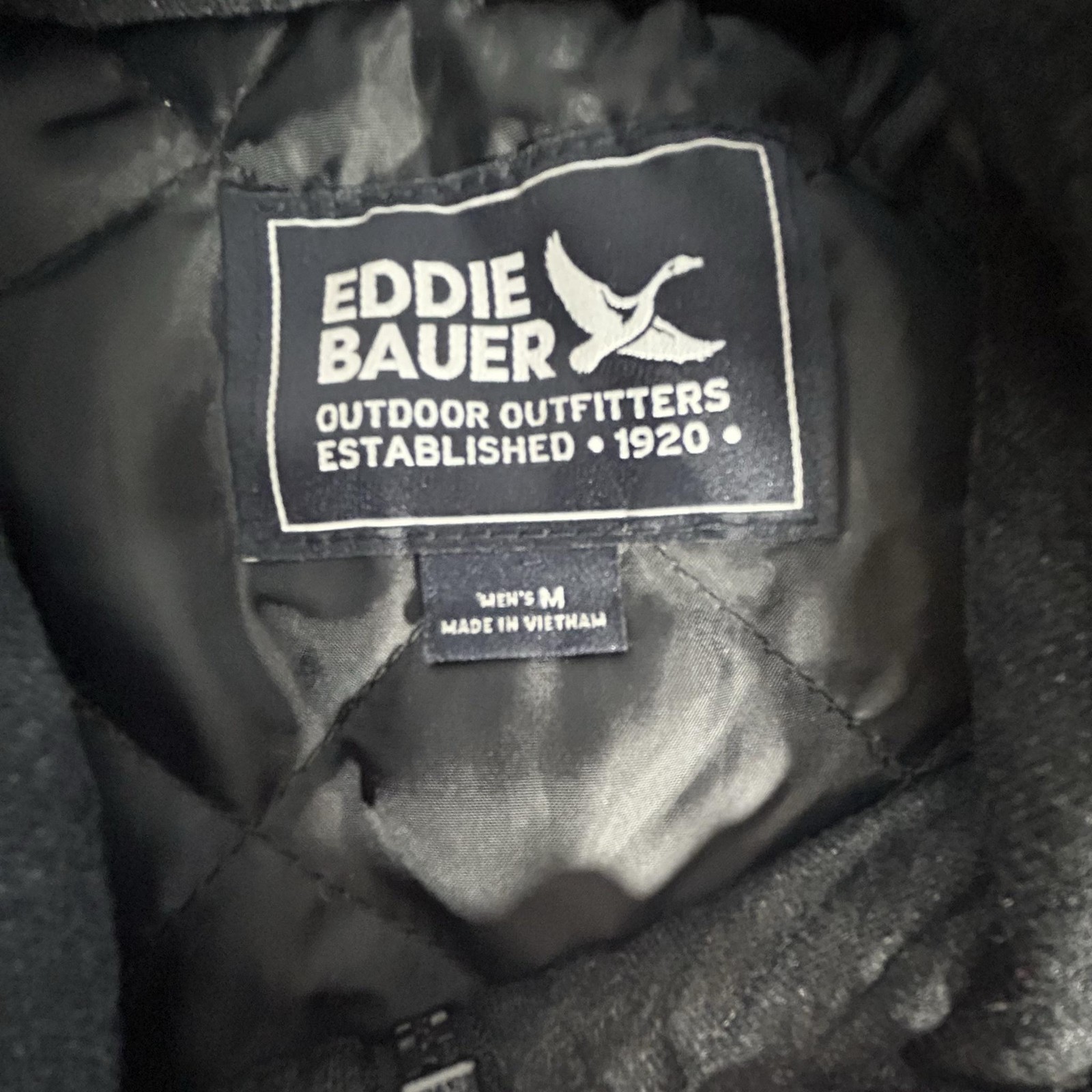 Eddie Bauer Jacket Mens Medium Gray Plaid Quilted Hooded Flannel Lined Coat