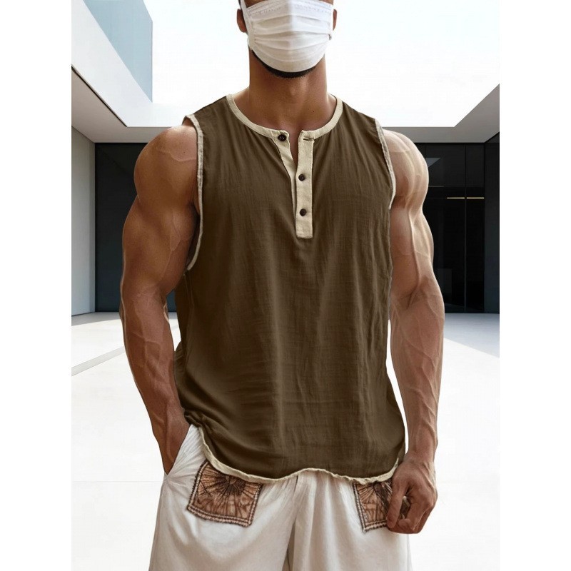 Men’s Sleeveless Henley Tank Top Casual Gym Workout Muscle Shirt Summer Vest