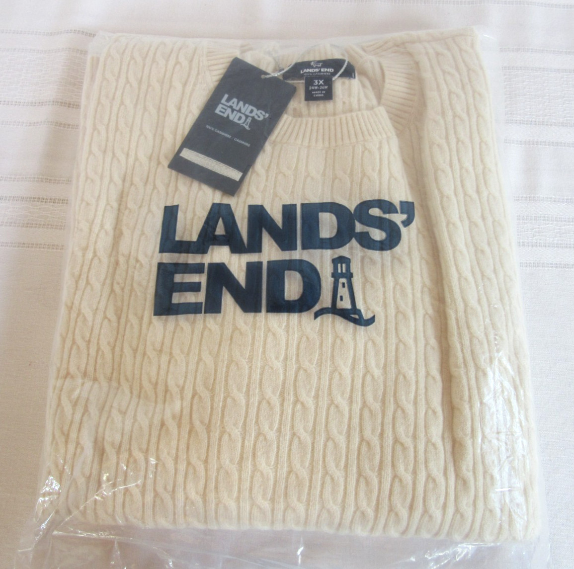 Lands’ End 100% Cashmere Long Sleeve Cable Ivory Pullover Style #520921 3X NEW!