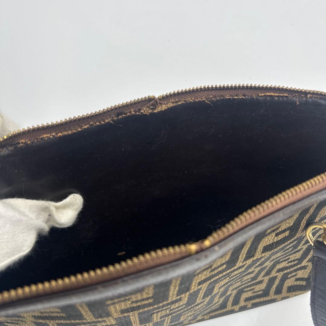 FENDI Zucca FF Shoulder Bag Ziplock Leather Canvas Brown Beige Gold #2702