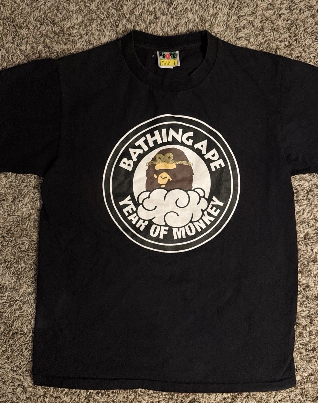 A Bathing Ape BAPE Year of Monkey Black Graphic Print Crew Neck T-Shirt Men L