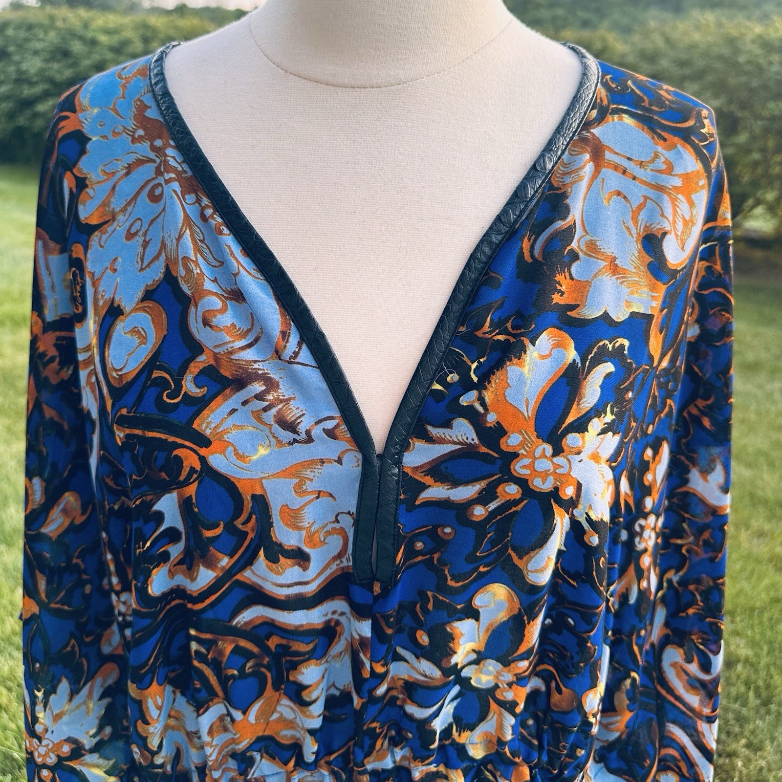 Y2K Alberto Makali Caftan Tunic Top L Oversized Boho Resort Blue Gold