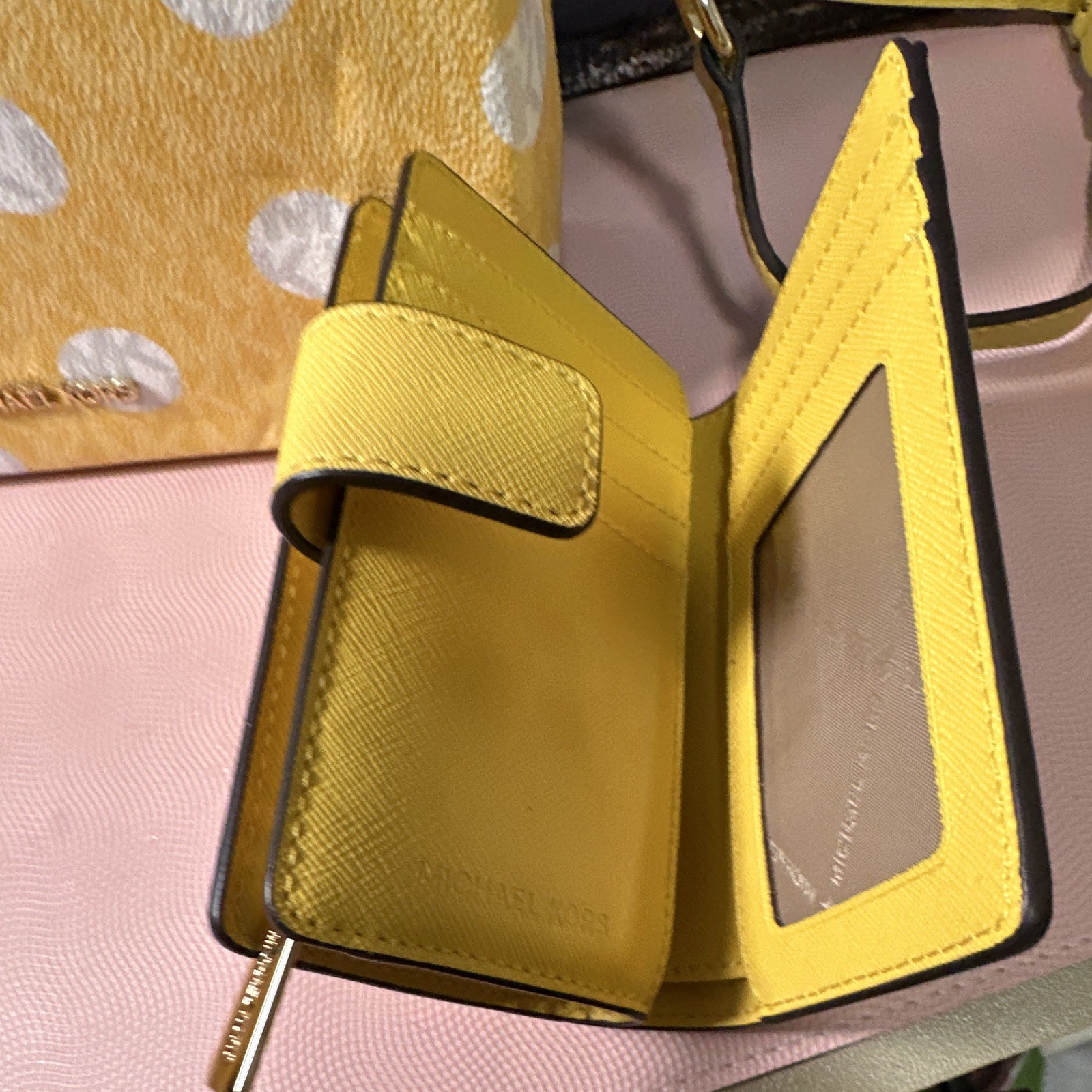 Michael Kors Yellow/White Polka Dot Zip Trunk Crossbody Purse and Wallet