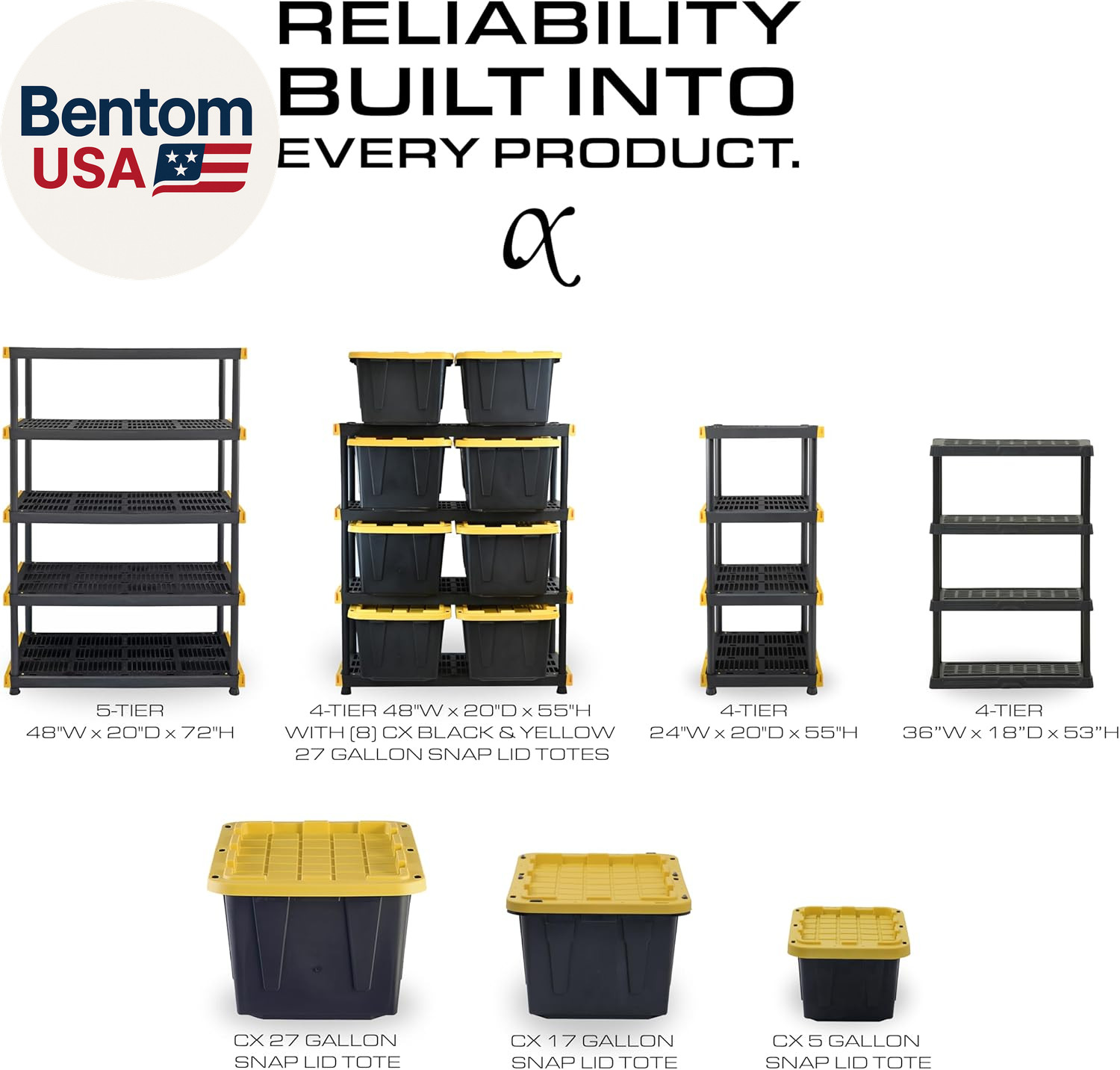 Black & Yellow, 4-Tier Heavy Duty Plastic Storage Shelves That Support up to 200