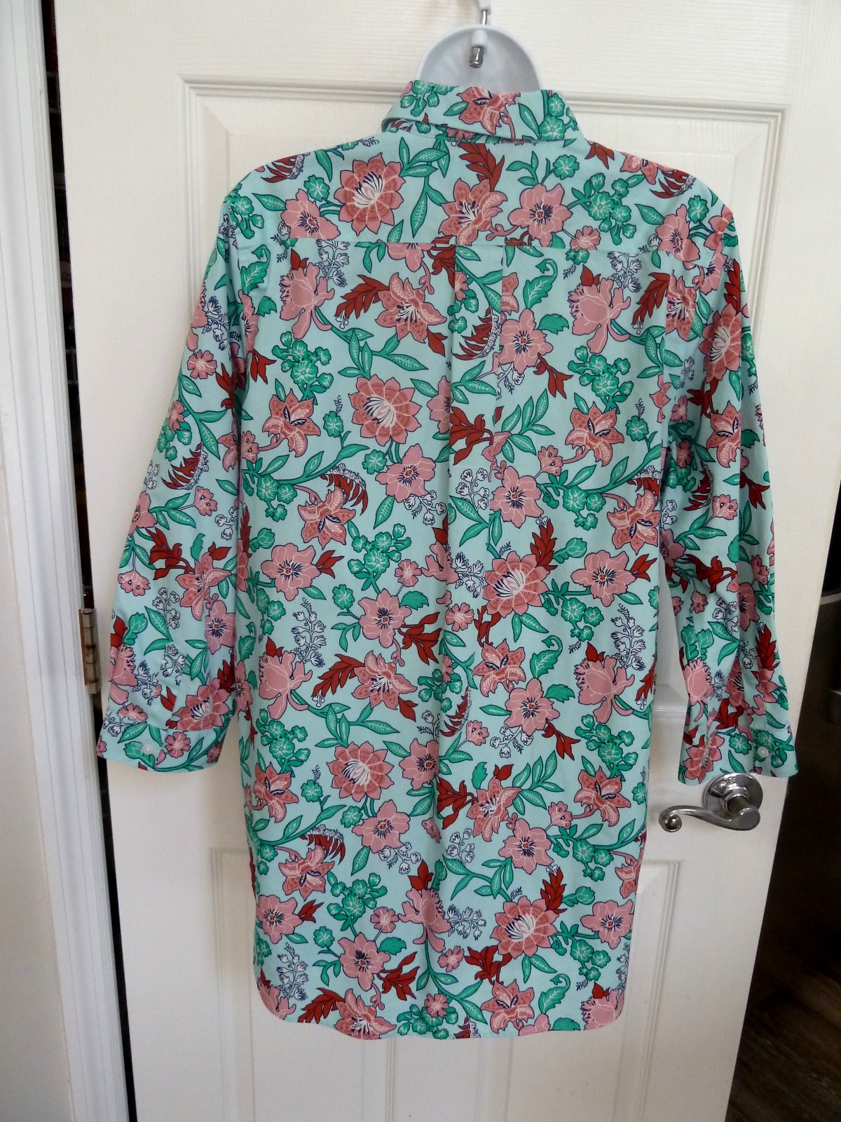 LANDS’ END Sz 12 No Iron Supima Cotton Tunic Blouse Floral Colorful 3/4 Sleeve