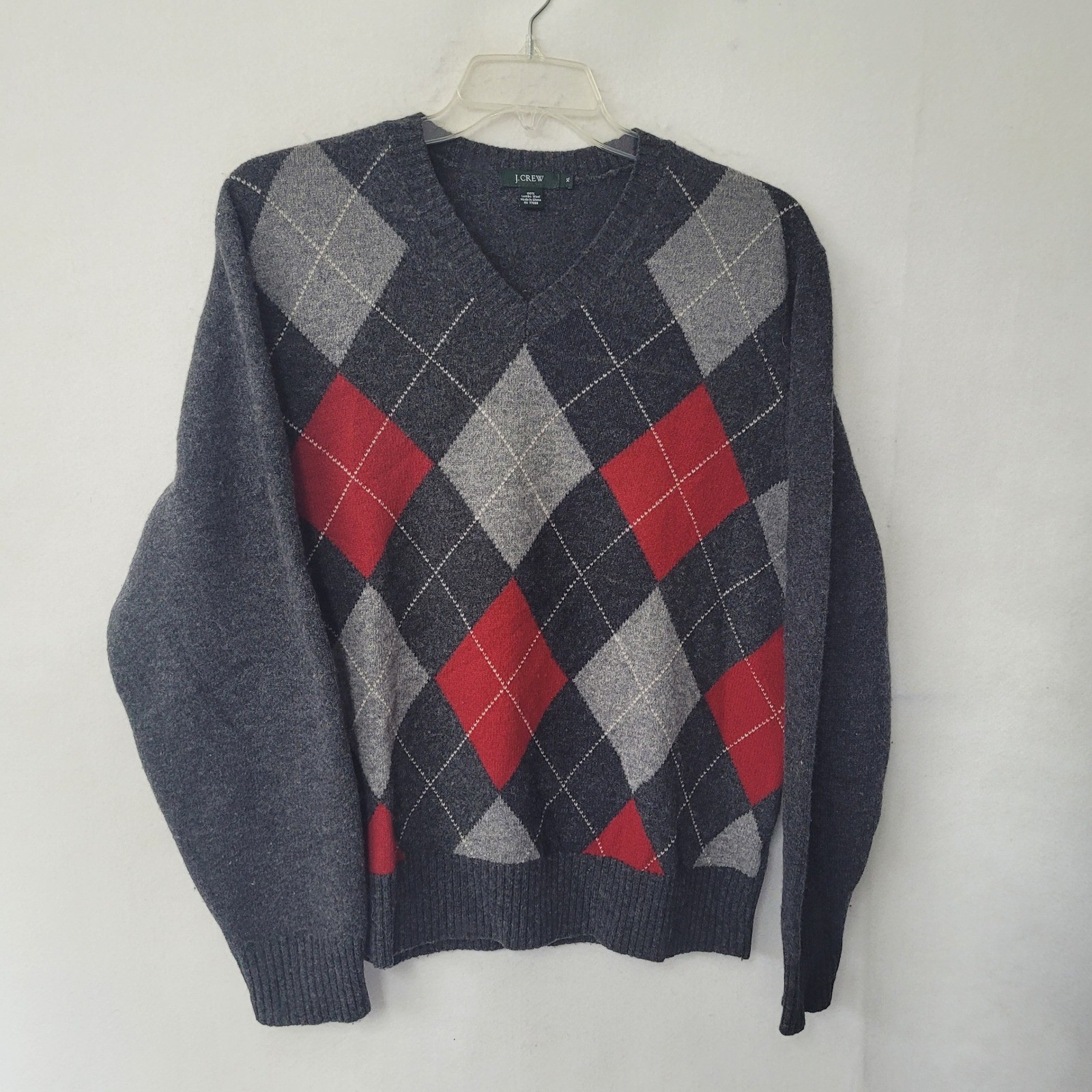 J.Crew Lambswool Sweater XL V-Neck Argyle Gray Red Classic Menswear Academia