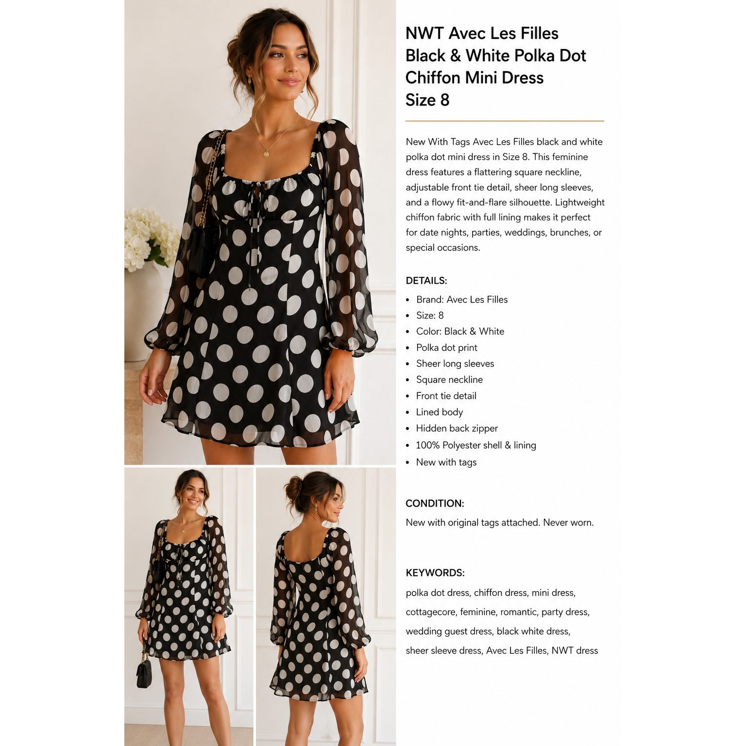 NWT Avec Les Filles Black & White Polka Dot Chiffon Mini Dress Size 8