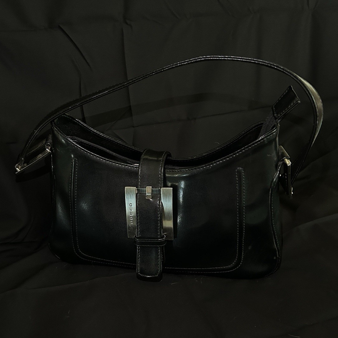 GUESS Black Medium Shoulder Bag Zip Closure Silver Buckle Outer Pockets Studs