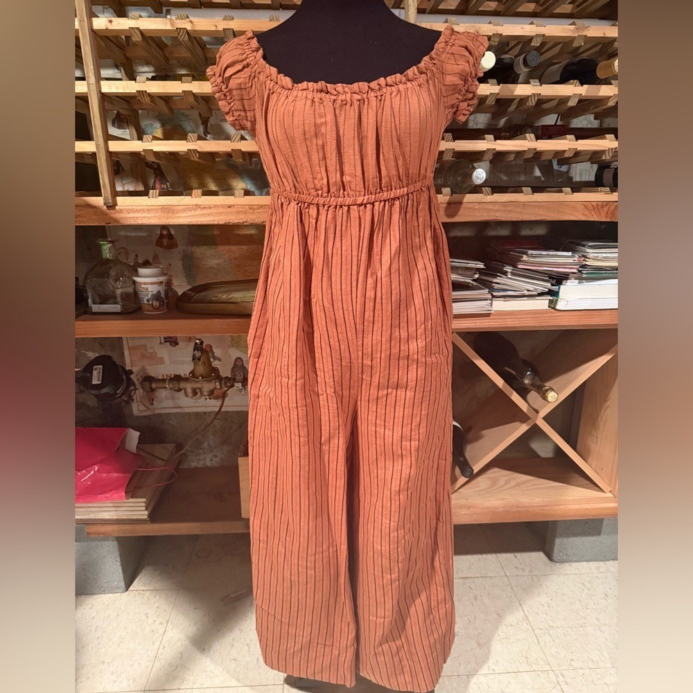Intimately Free People Rust Orange Striped Off Shoulder Wide Leg Jumpsuit Small