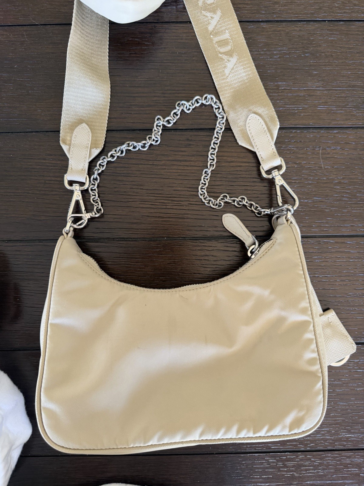Prada Beige Nylon Shoulder Bag with Logo Strap and Chain