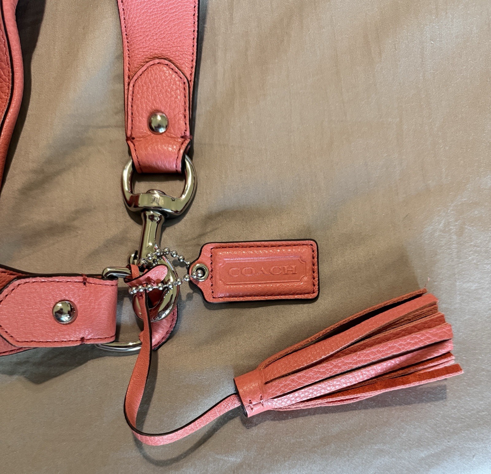 Authentic Coach Avery Pebbled Leather Hobo Bag, F23309, Coral/Sienna, Pre-Owned
