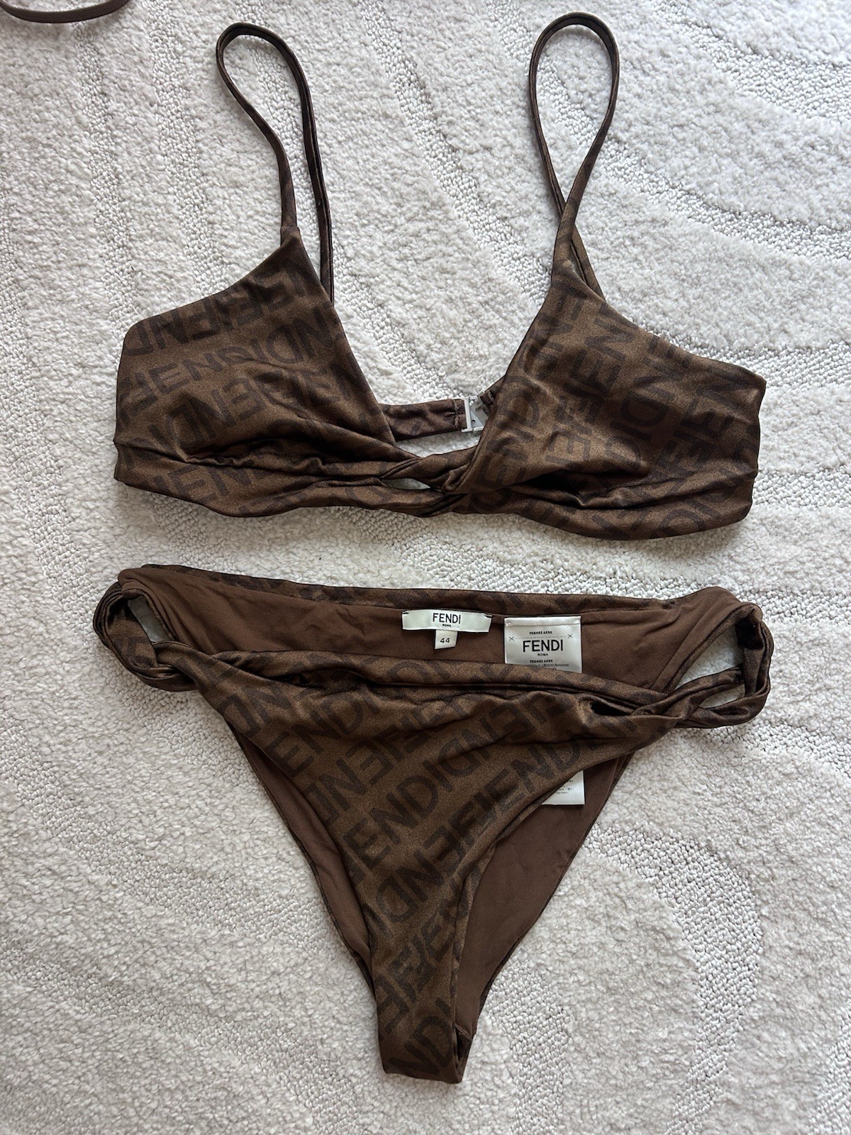 FENDI FF Logo Print Brown Bikini Set