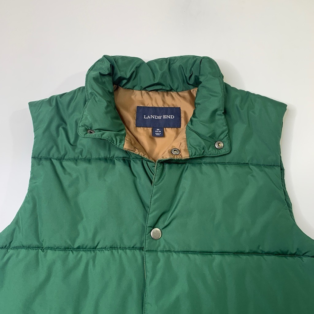 Lands End Vest Mens Medium Pesto Green Insulated Quilted Sleeveless Snap Button