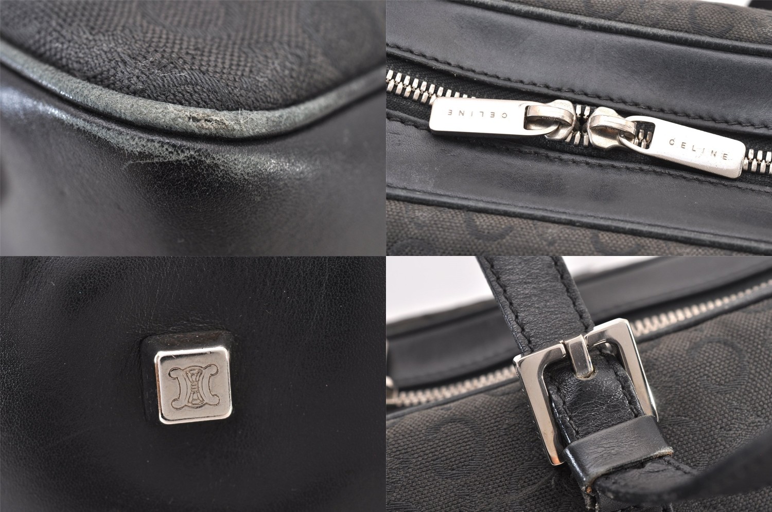 Authentic CELINE C Macadam Blason Shoulder Tote Bag Canvas Leather Black 423AB