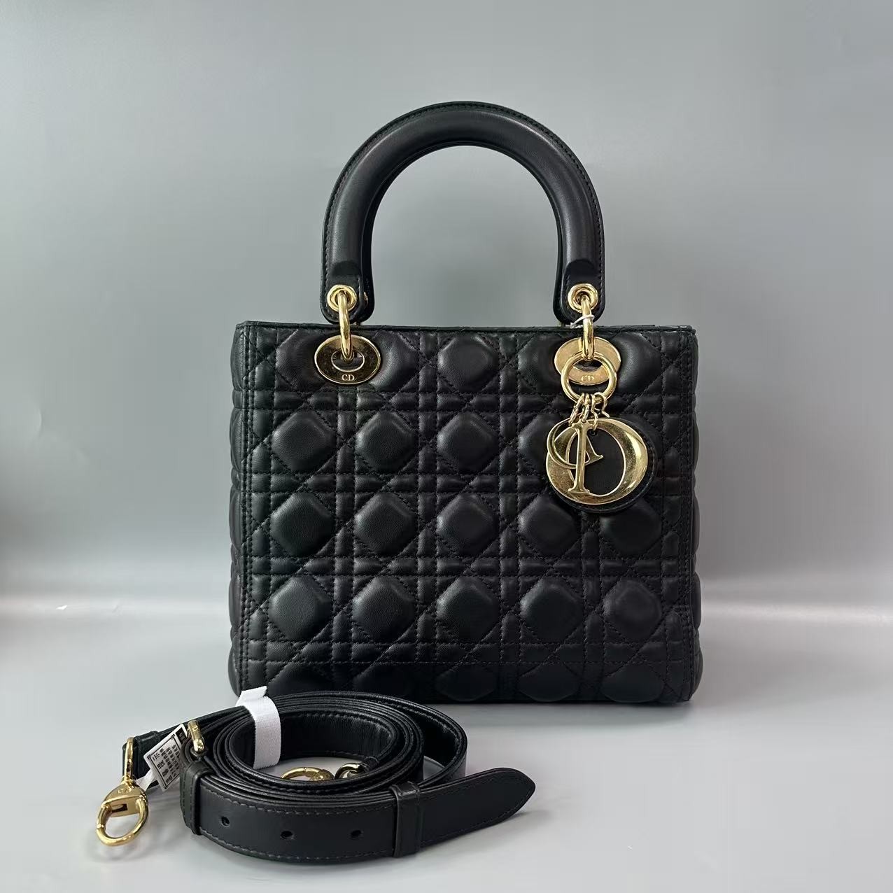 Auth Christian Dior Lady Dior Medium Black Lambskin Gold Hardware Handbag
