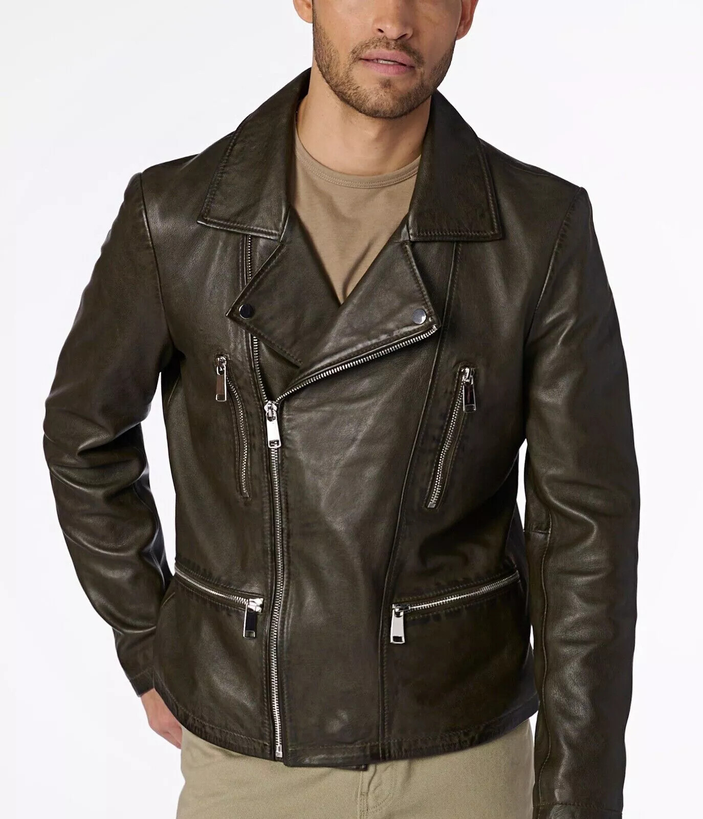 New Classic Biker Leather Jacket In Olive For Men’s daily Wear Pure Lambskin