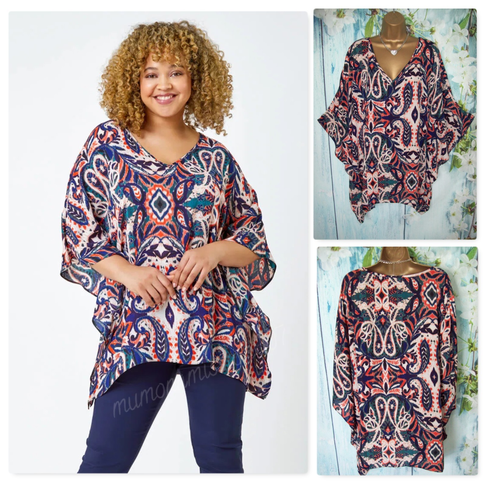 Roman Navy Coral Aztec Kimono Tunic Top UK 22 24 Holiday Summer Floaty Oversized