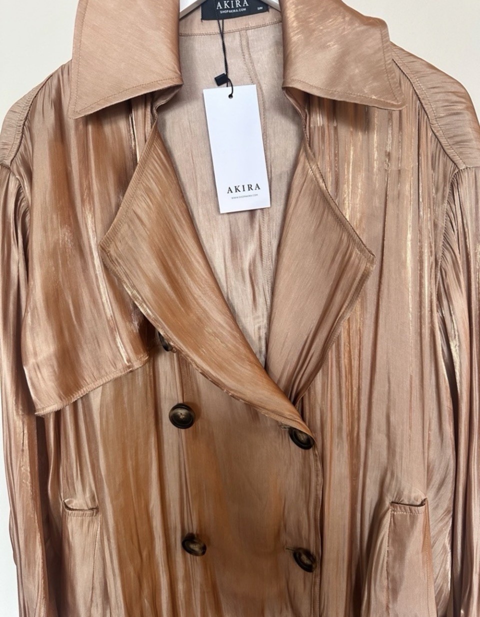 AKIRA Metallic Rose Gold Double-Breasted Trench Coat