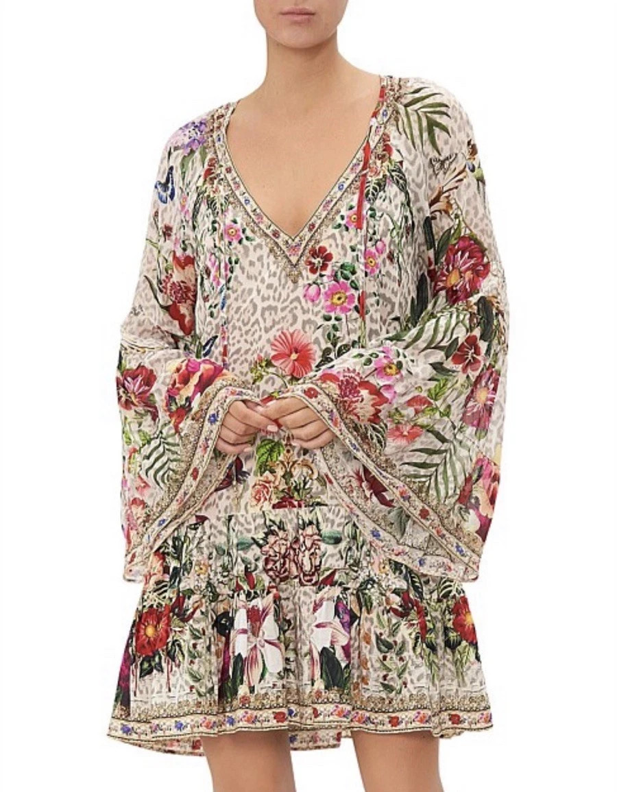 Camilla M/L 12 LEOS BOUQUET A-Line Gathered Panel Dress Short Silk Crystals $699