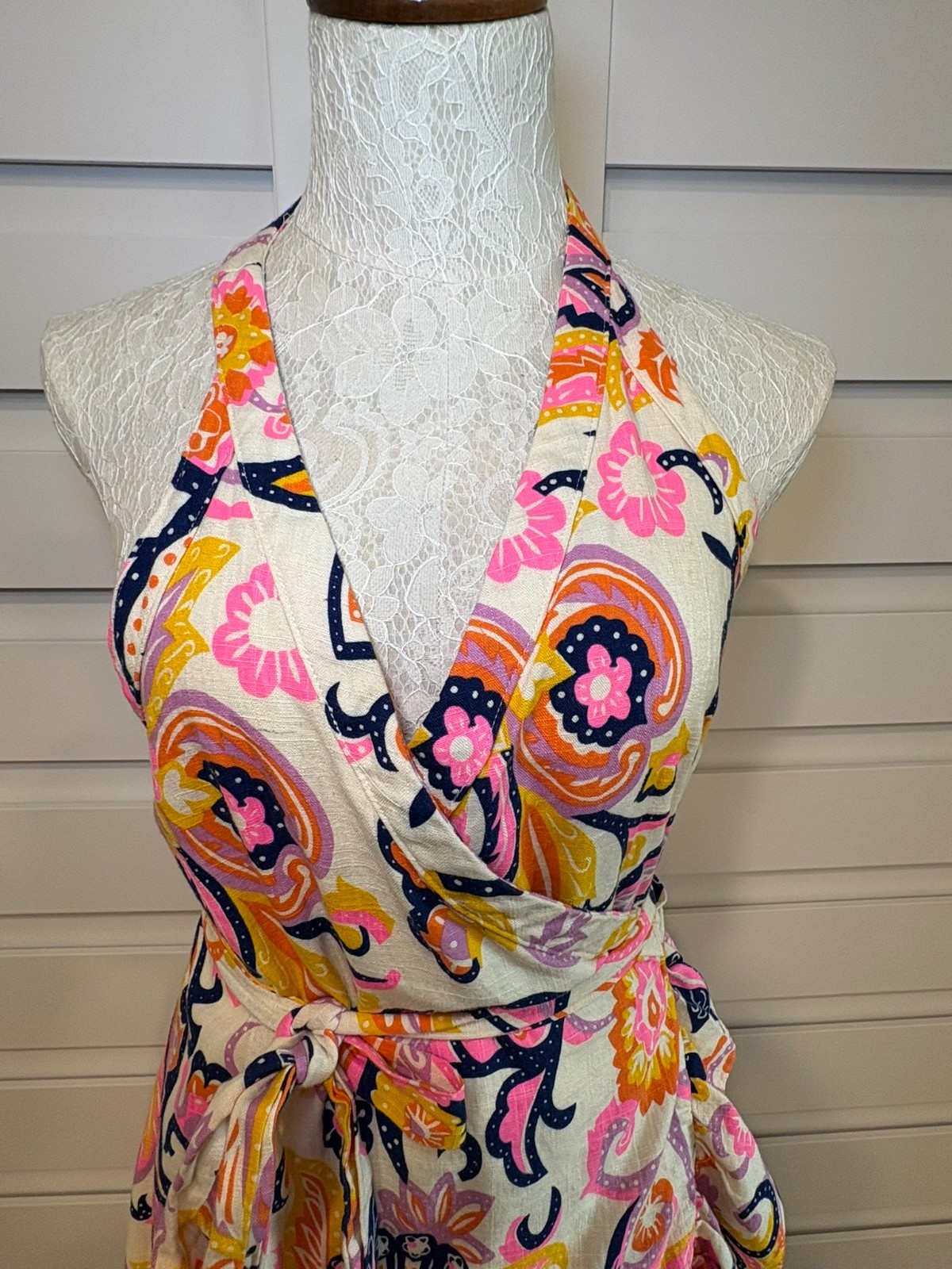 JB By Julie Brown Kaylah Paisley Linen Blend Halter Wrap Rush Midi Dress L