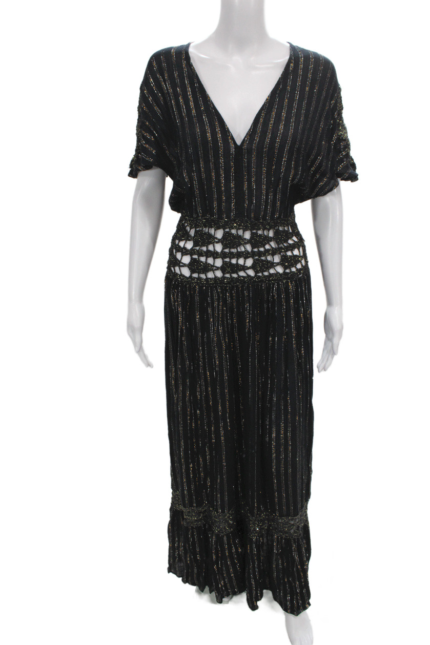 Ramy Brook Women Kaftan Maxi Dress Black Striped V-Neck Short Sleeve Size S