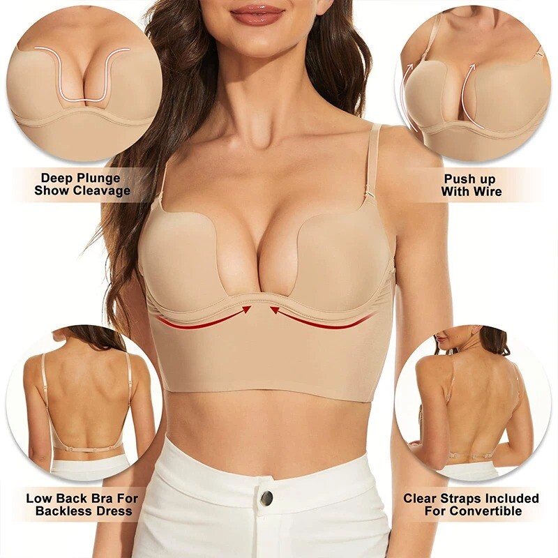Push Up Bra Backless Women Low Cut Plunge Invisible Seamless Deep U Lingerie Hot