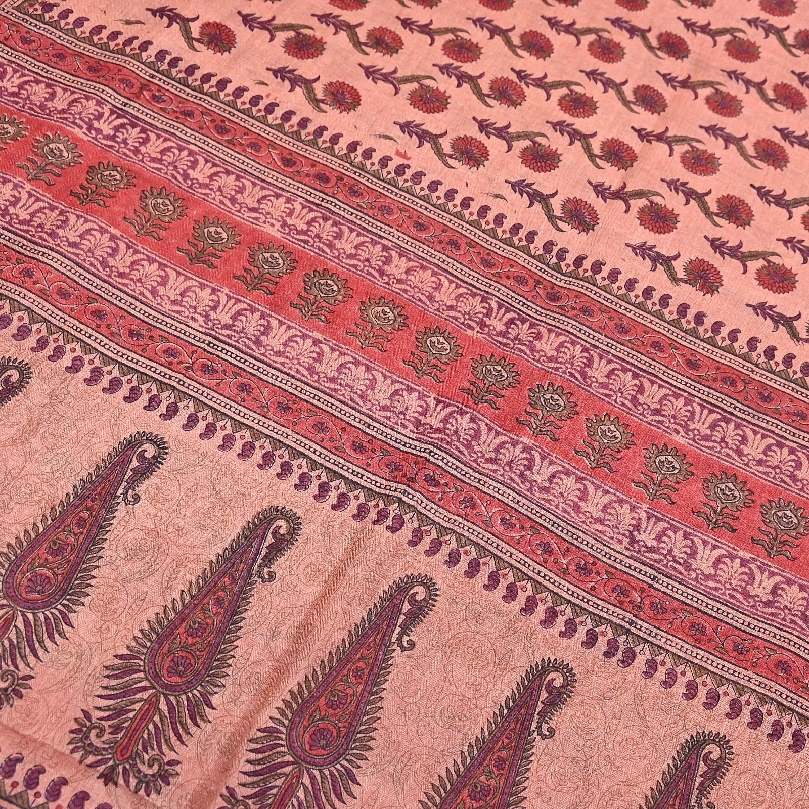 Vintage Peach Wool Saree Indian Pure Woolen Woven Floral Fabric 6Yard Soft Warm