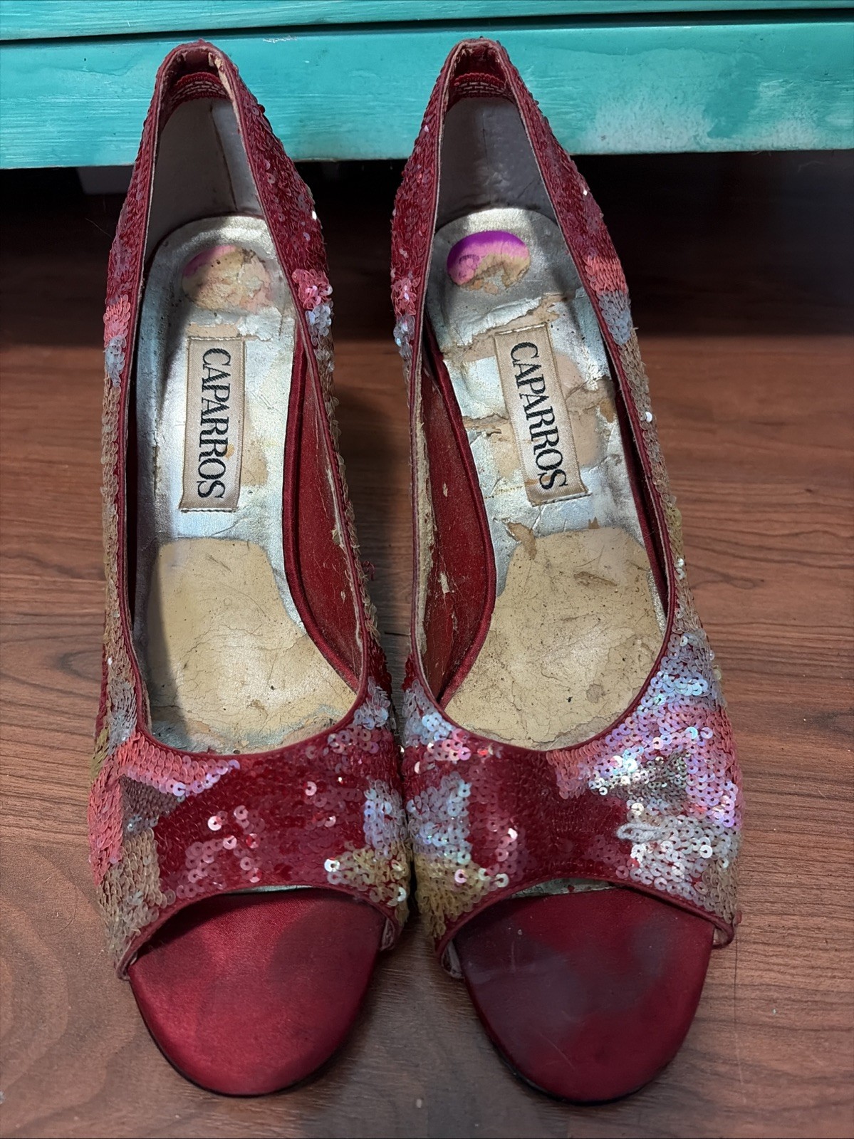Caparros brand multi-colored sequined peep-toe heels