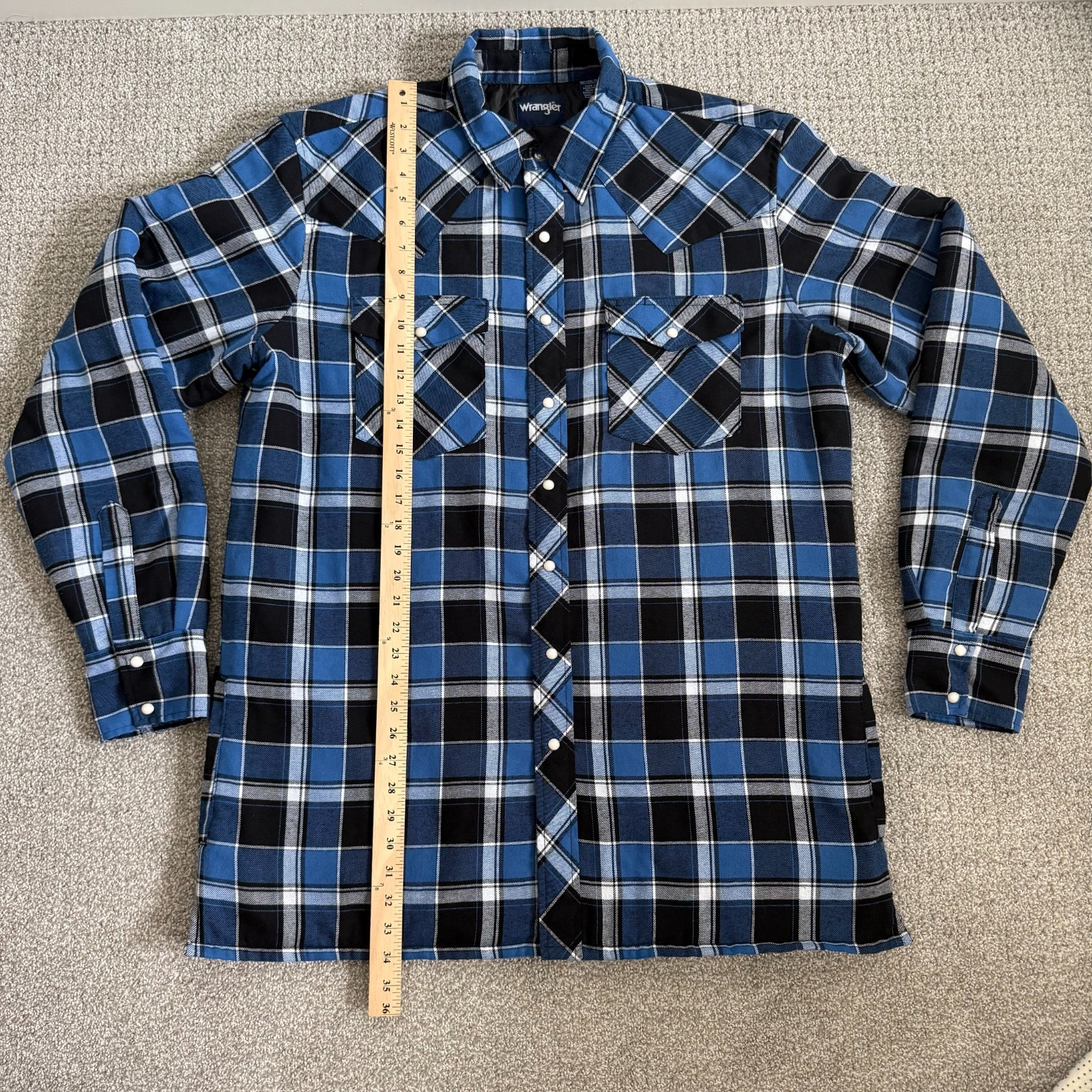 Wrangler Quilted Lined Flannel Shirt Jacket Western Pearl Snap Blue Plaid XLT