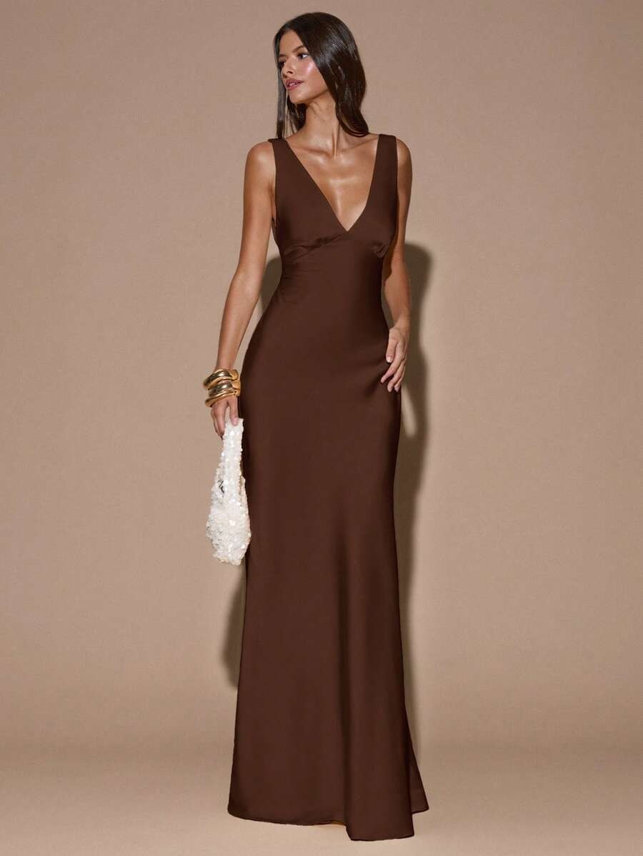 Elegant Satin Maxi Dress Deep V Neck Criss Cross Backless Mermaid Wedding