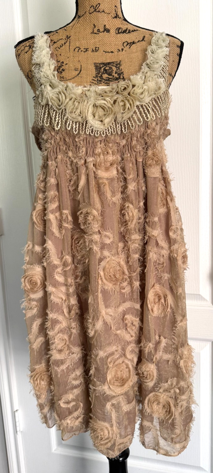 Pretty Angel Shift Dress Floral Boho Babydoll Smocked Lined Tattered Silk L