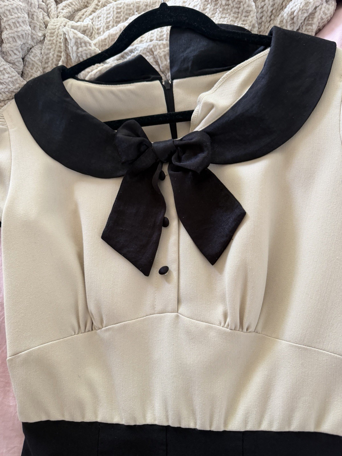 Stop Staring! Black Beige Solid Bodycon Pencil Dress Bow Collar Cap Sleeve L