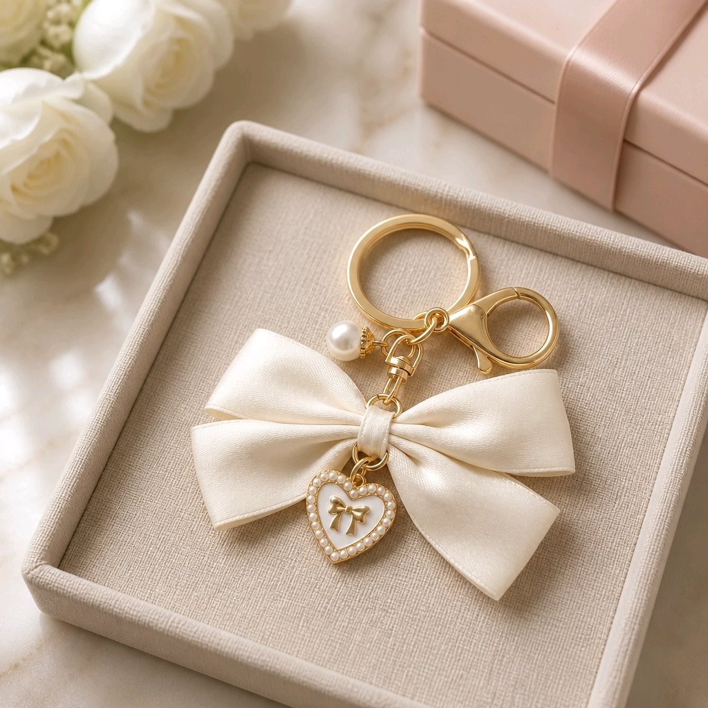 Satin Bow Ribbon Bag Charm Keychain Heart Rhinestone Pearl Luxury Purse Pendant