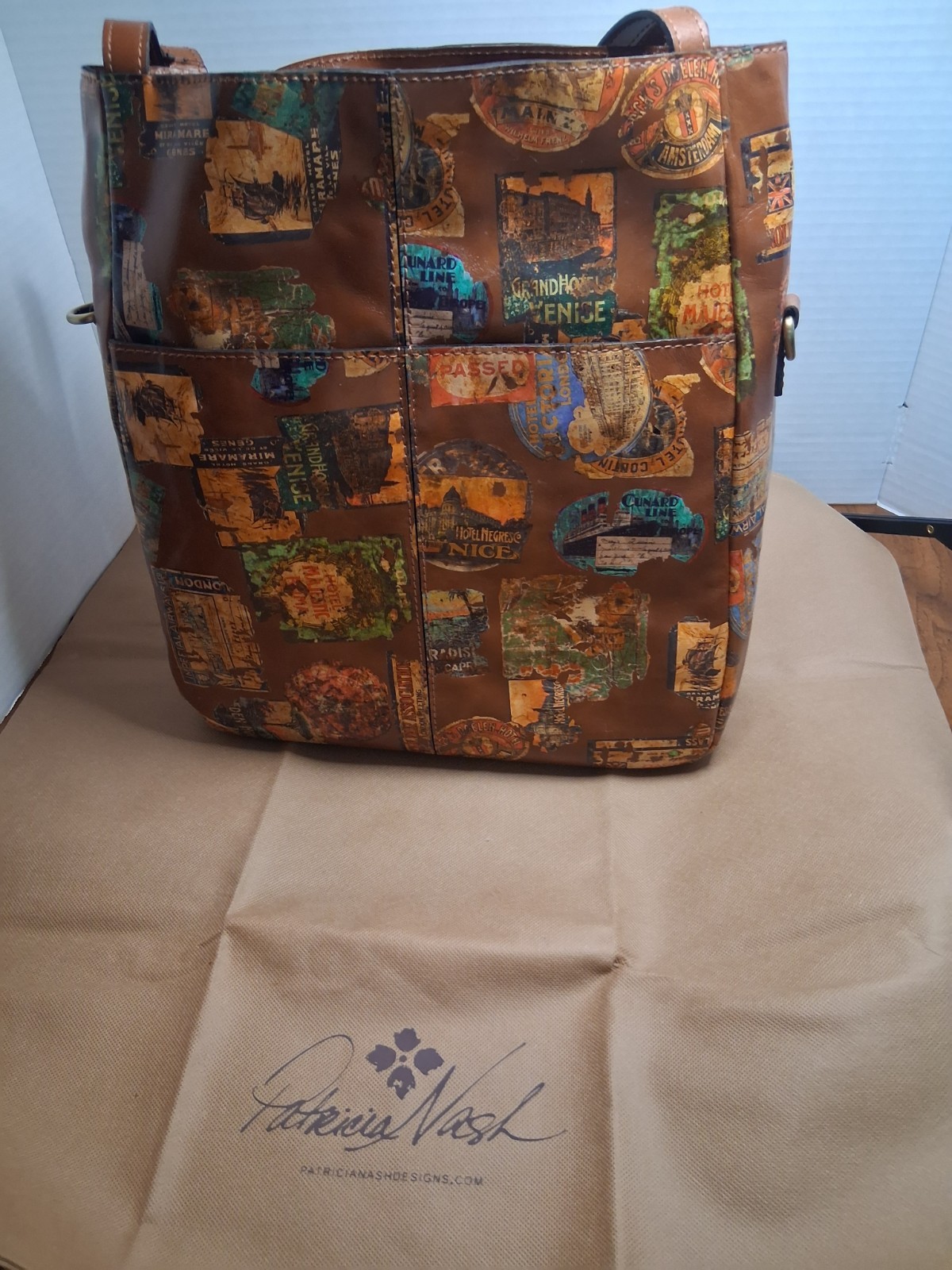 Patricia Nash Brown Multicolor Travel Graphic Tote Medium Double Handles Pockets
