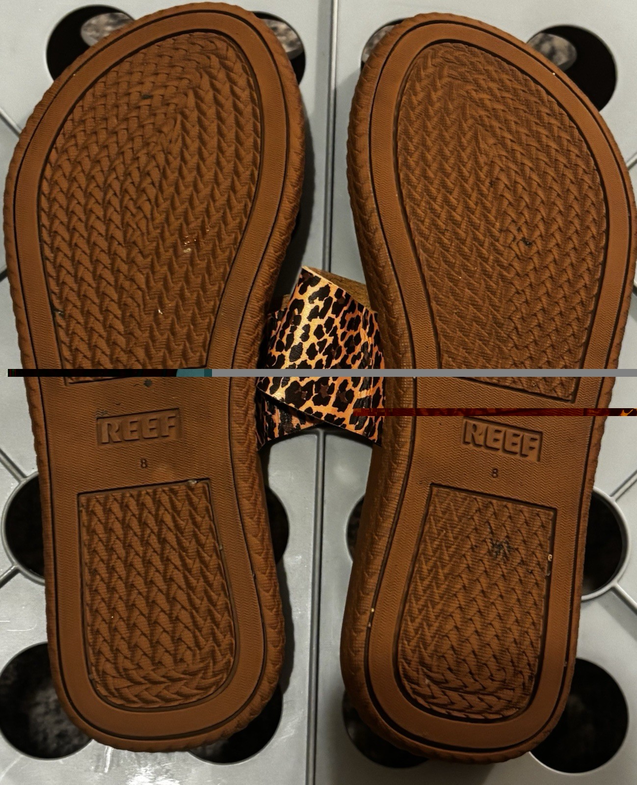 Reef WomensCushion Sol Slide Sandal Natural Tan Brown Leopard Flip Flops Size 8