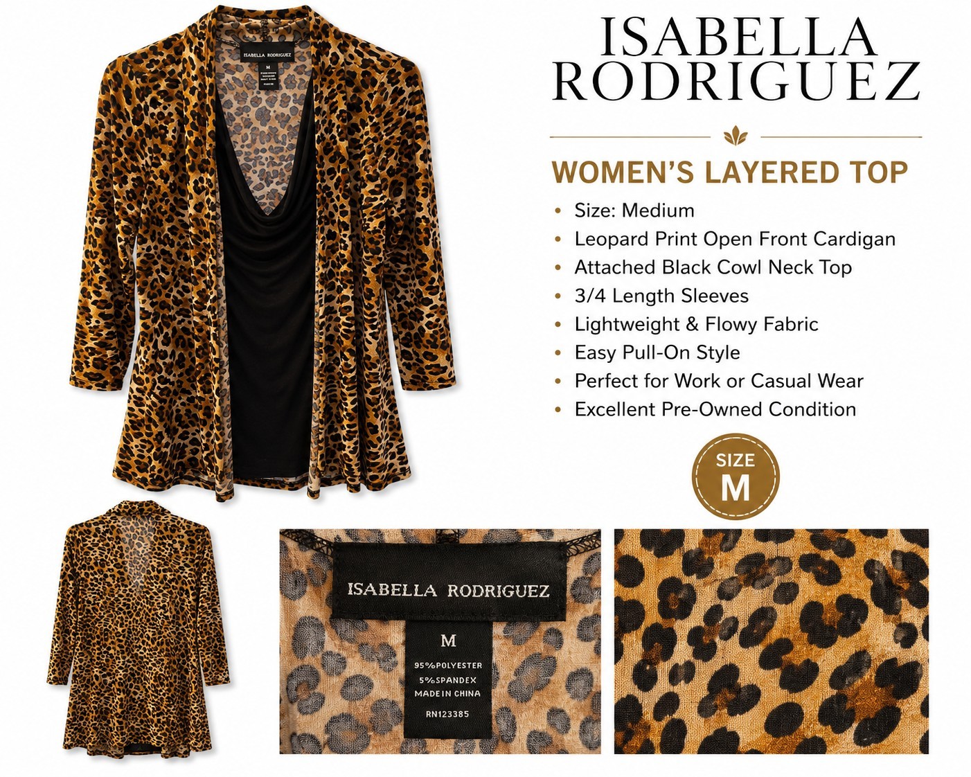 Isabella Rodriguez Layered Leopard Print Open Front Cardigan Cowl Neck Top M