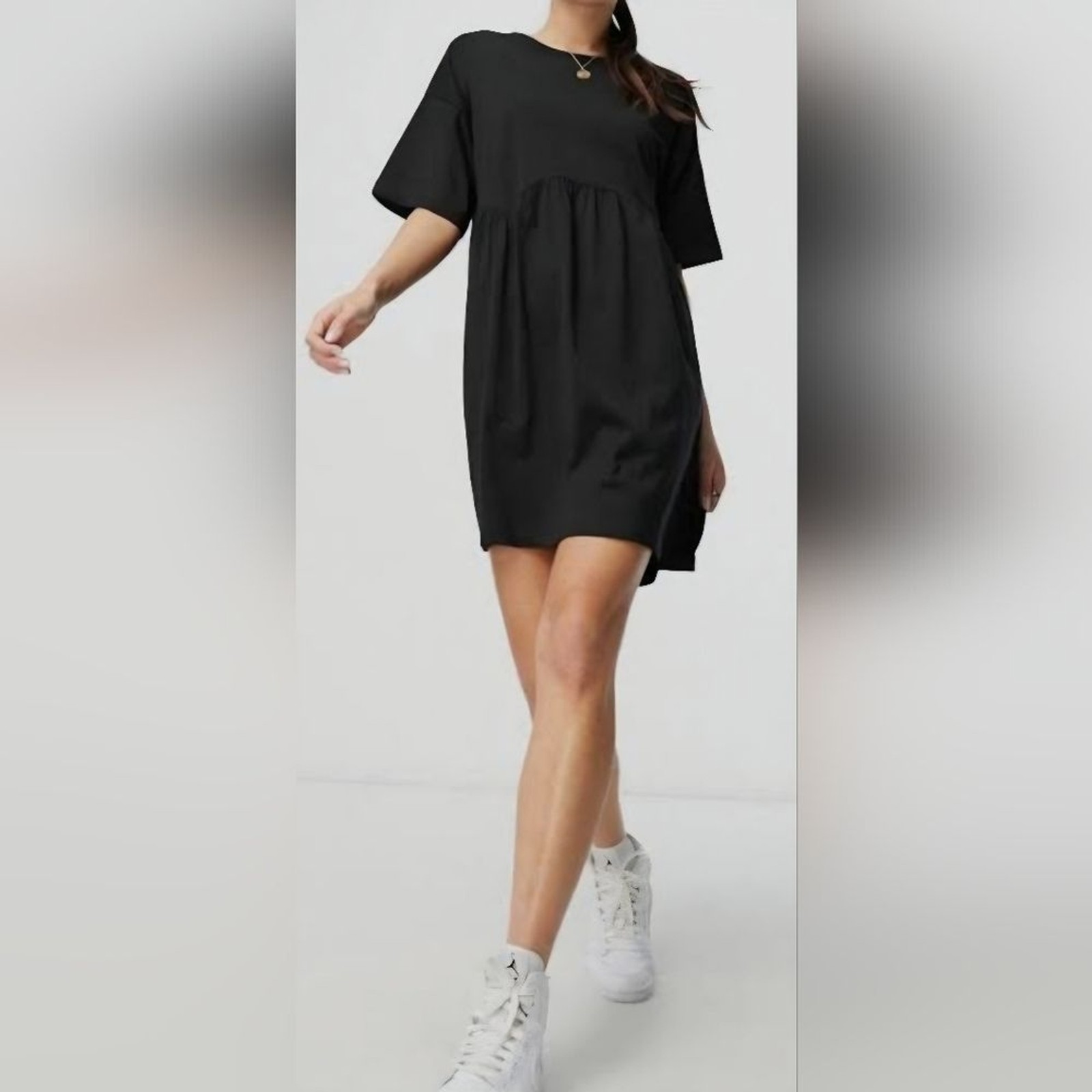 ASOS DESIGN Size 14 Black Short Puff Sleeve Empire Waist Babydoll Mini Dress NEW