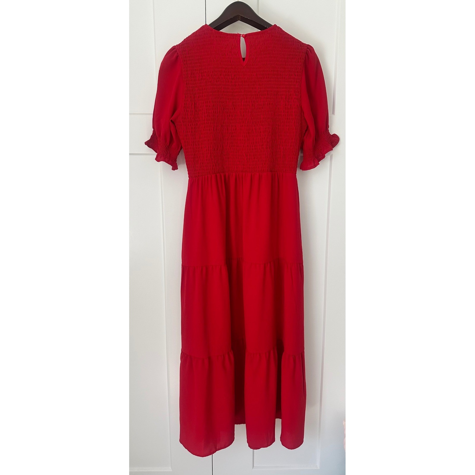 BTFBM Red Smocked Midi Dress Puff Sleeve Tiered Ruffle Hem Women Large Boho